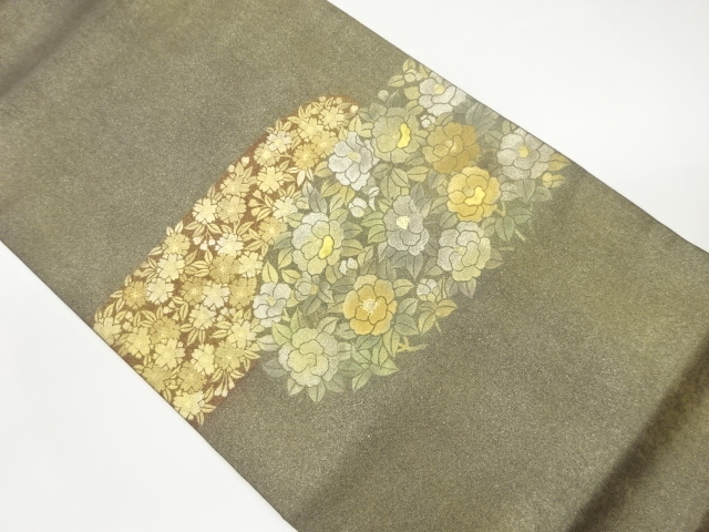 JAPANESE KIMONO / VINTAGE FUKURO OBI / SHELL INLAY / KINSAI / CAMELLIA & SAKURA